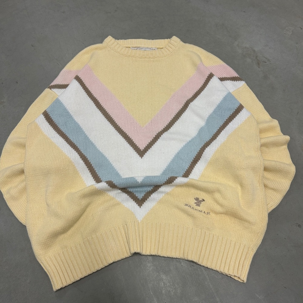 Braemar Vintage Mens Yellow Cotton Chevron Knit Sweater Large Retro Preppy